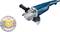 A blue angle grinder with a circular cutting disc beside it. The machine has a side handle and is made by Bosch.