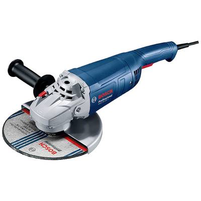 A blue angle grinder with a red Bosch logo. It has a large, round grinding disc and a black side handle.