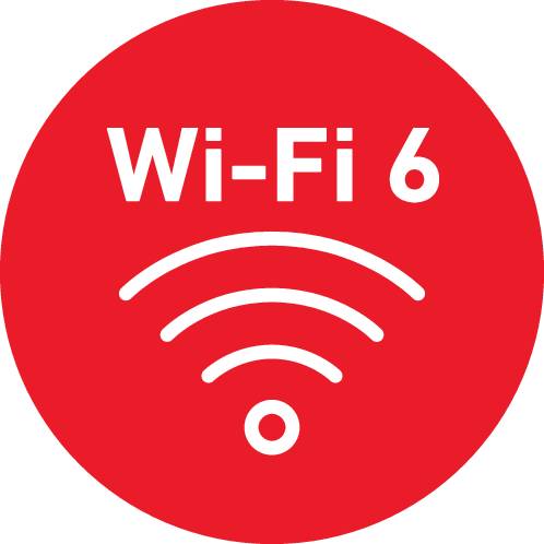 A round icon with the text 'Wi-Fi 6' and a stylised Wi-Fi signal, indicating a fast and modern internet connection.