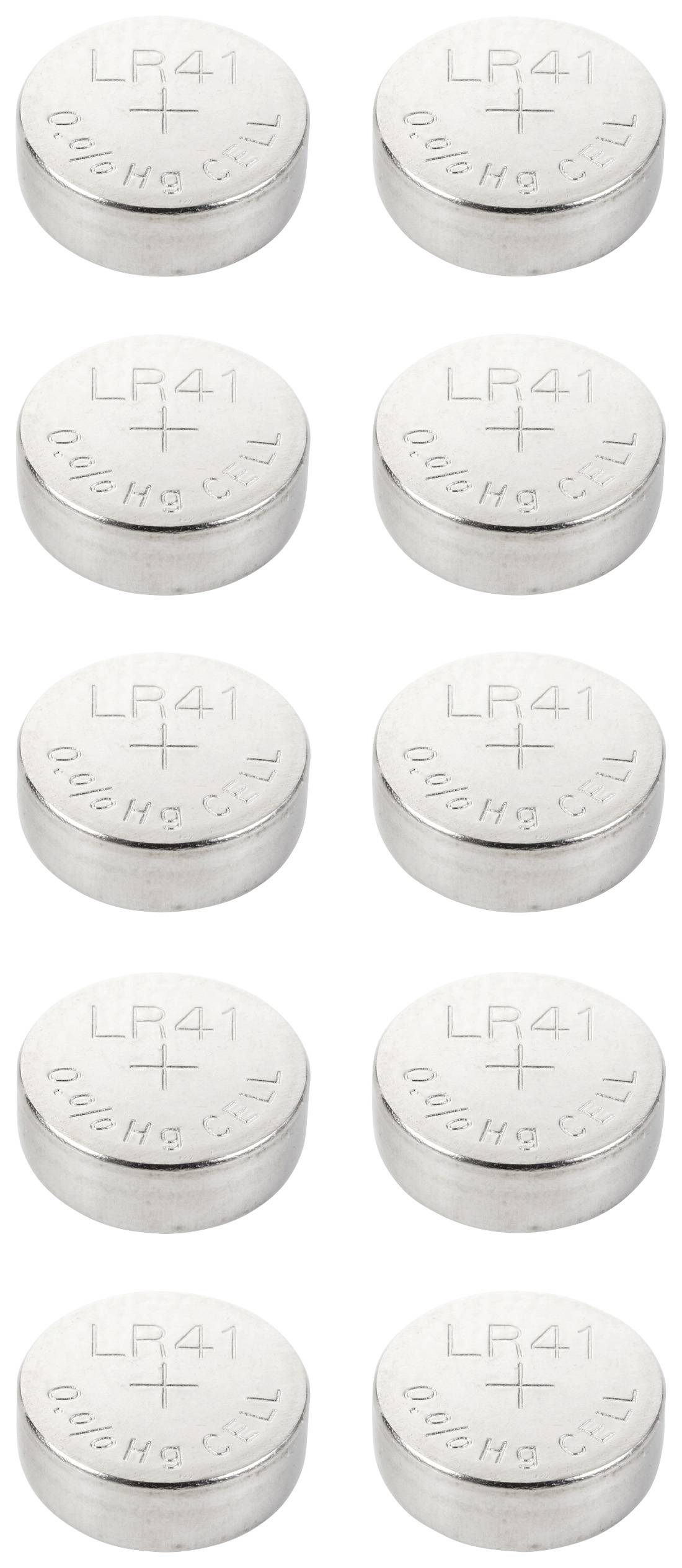 Ten LR41 button cells in two columns. Each cell is cylindrical, silver-coloured and displays the marking 'LR41'.