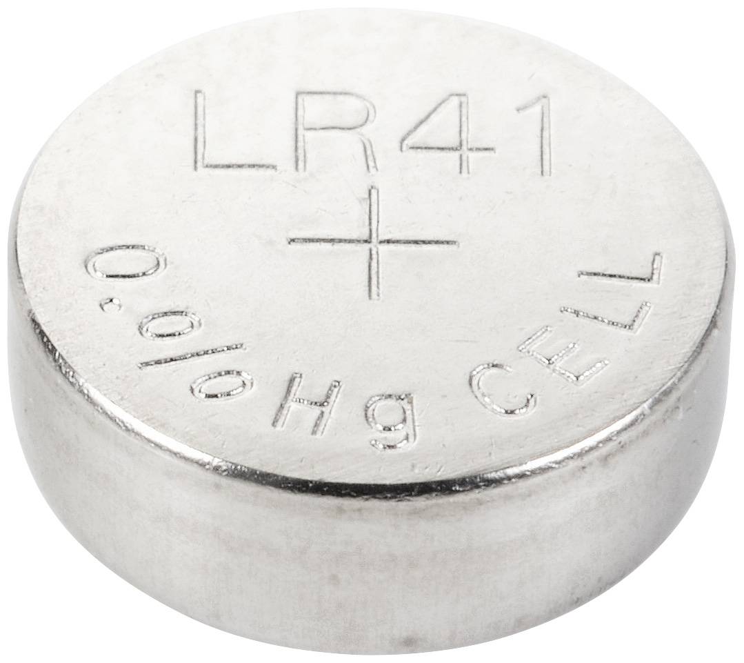 Silver button cell battery with inscription 'LR41' and '0% Hg CELL'.