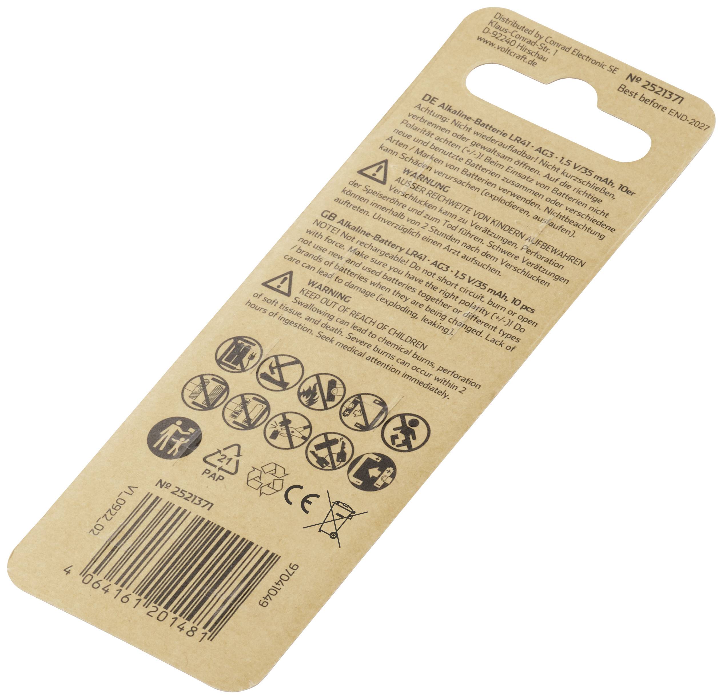 Back of a battery packaging with instructions in multiple languages and symbols providing guidance on correct disposal and safety information.