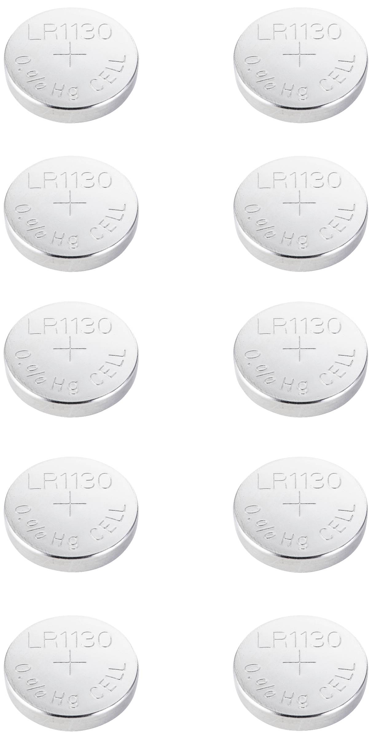 Ten small silver button batteries, marked 'LR1130' and '1.5V', are arranged in two vertical rows.