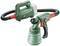 Electric paint spray gun in green and red by Bosch, with removable container and hose, suitable for DIY projects.