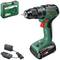 A Bosch cordless drill with battery and charger, alongside its green carrying case with product branding.