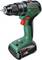 A green and black Bosch cordless drill with a silver drill bit, featuring ergonomic grip and battery indicator, suitable for DIY projects.