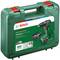 'Bosch UniversalImpact 18V-60' drill set in a green case, showing the drill, battery, and charger, highlighting cordless capability and brushless motor features.
