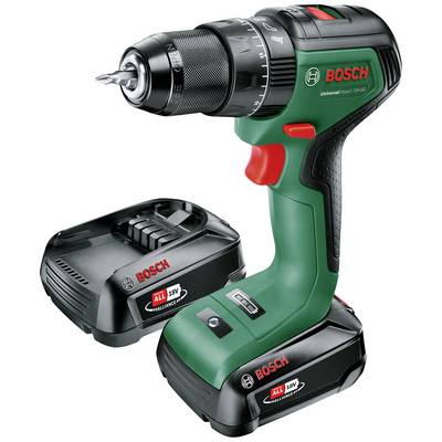 Bosch cordless drill with green and black design, including charger and spare battery.