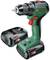 Bosch cordless drill with green and black casing, removable battery and charger, suitable for DIY projects.