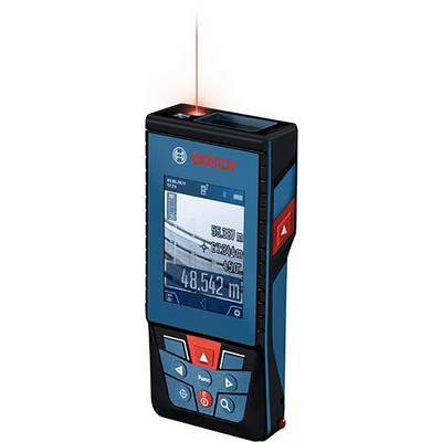 Electronic Bosch laser distance measuring device displays measurement data on screen, including distance in metres, with red laser beam.