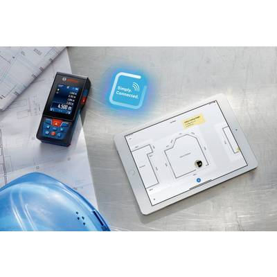 A tablet with construction plans displays a room measurement app. Beside it is a digital distance measuring device and a hard hat. Text in the image: 'Simply. Connected.'