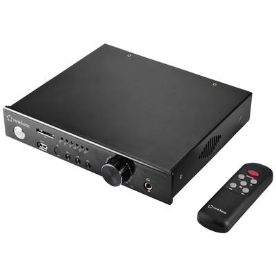 A black audio processor with a rotary dial, connection sockets and remote control. Brand names and connections visible at the front.