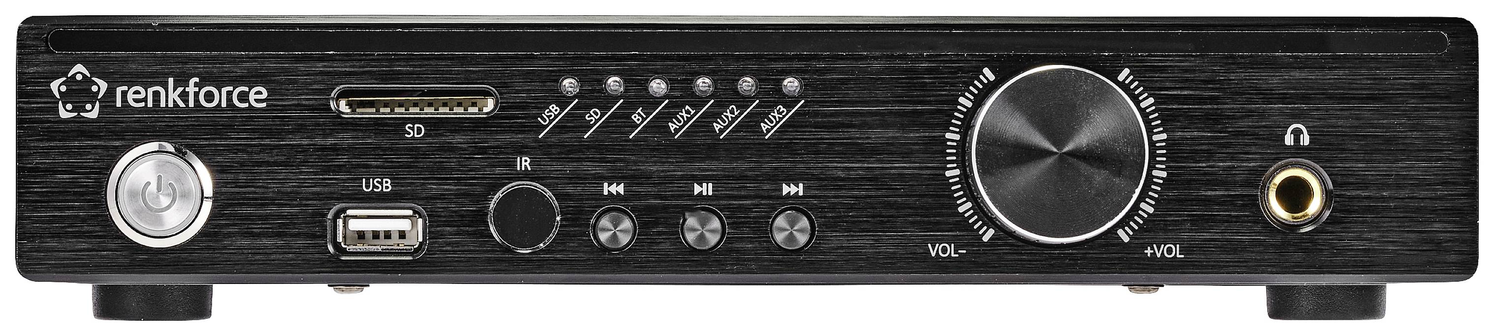 Black glossy audio interface with rotary dial, USB port, SD card slot and headphone socket. Label 'renkforce'.