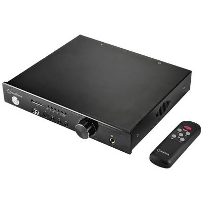 Black audio amplifier with multiple connections and buttons, alongside a black remote control with red and grey buttons.