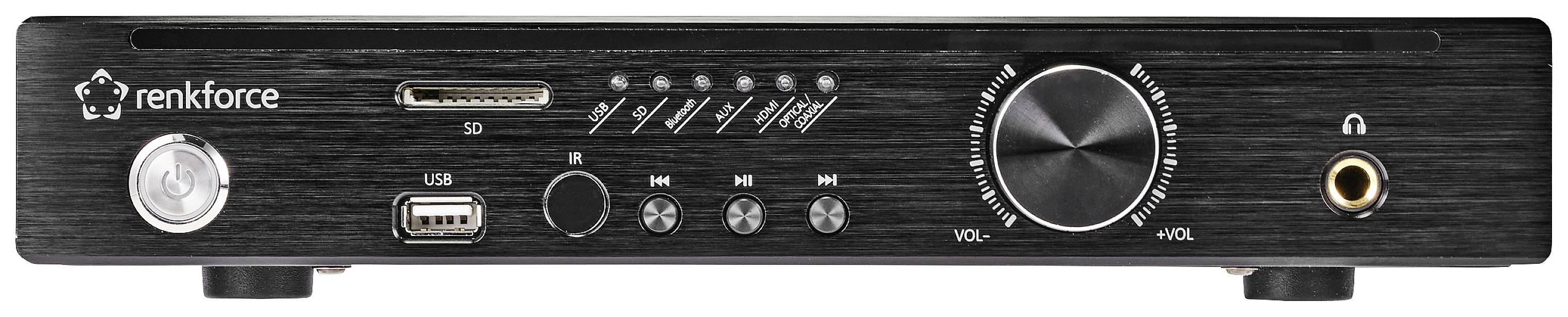 Black audio amplifier with central rotary control, power button on the left, USB and SD slot. Displays for volume and inputs.