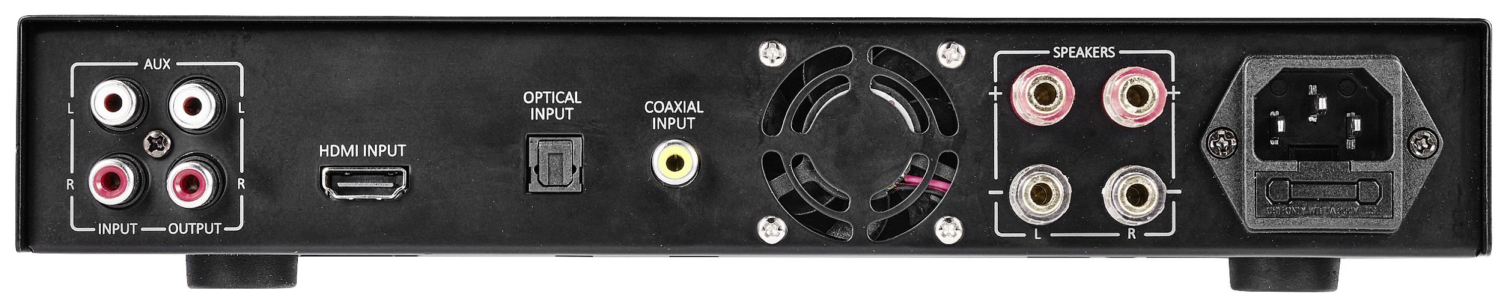 Rear view of an audio amplifier with connections: AUX, HDMI, optical input, coaxial input, speaker terminals, and power connection.