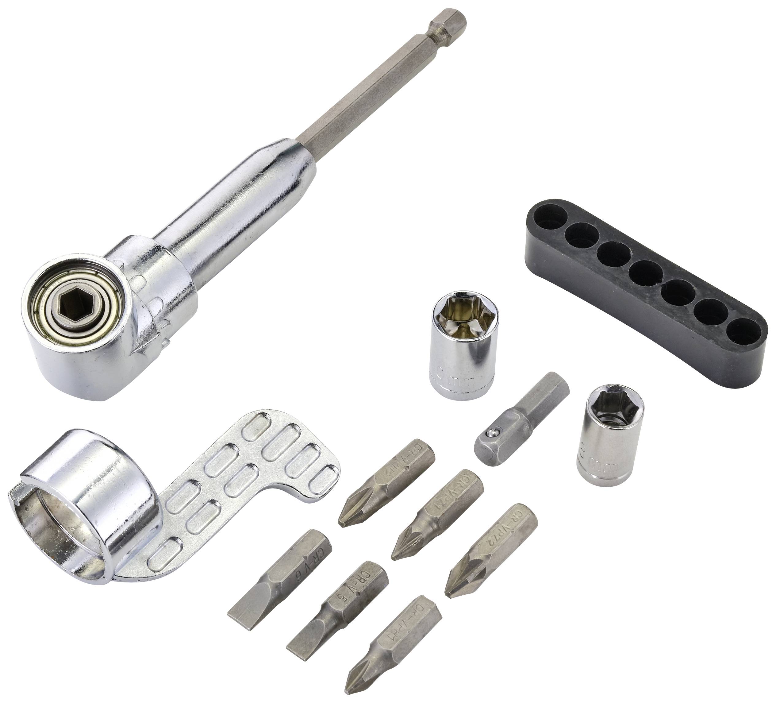 A set of bits and an angle ratchet screwdriver adapter, suitable for various screw operations, on a white background.