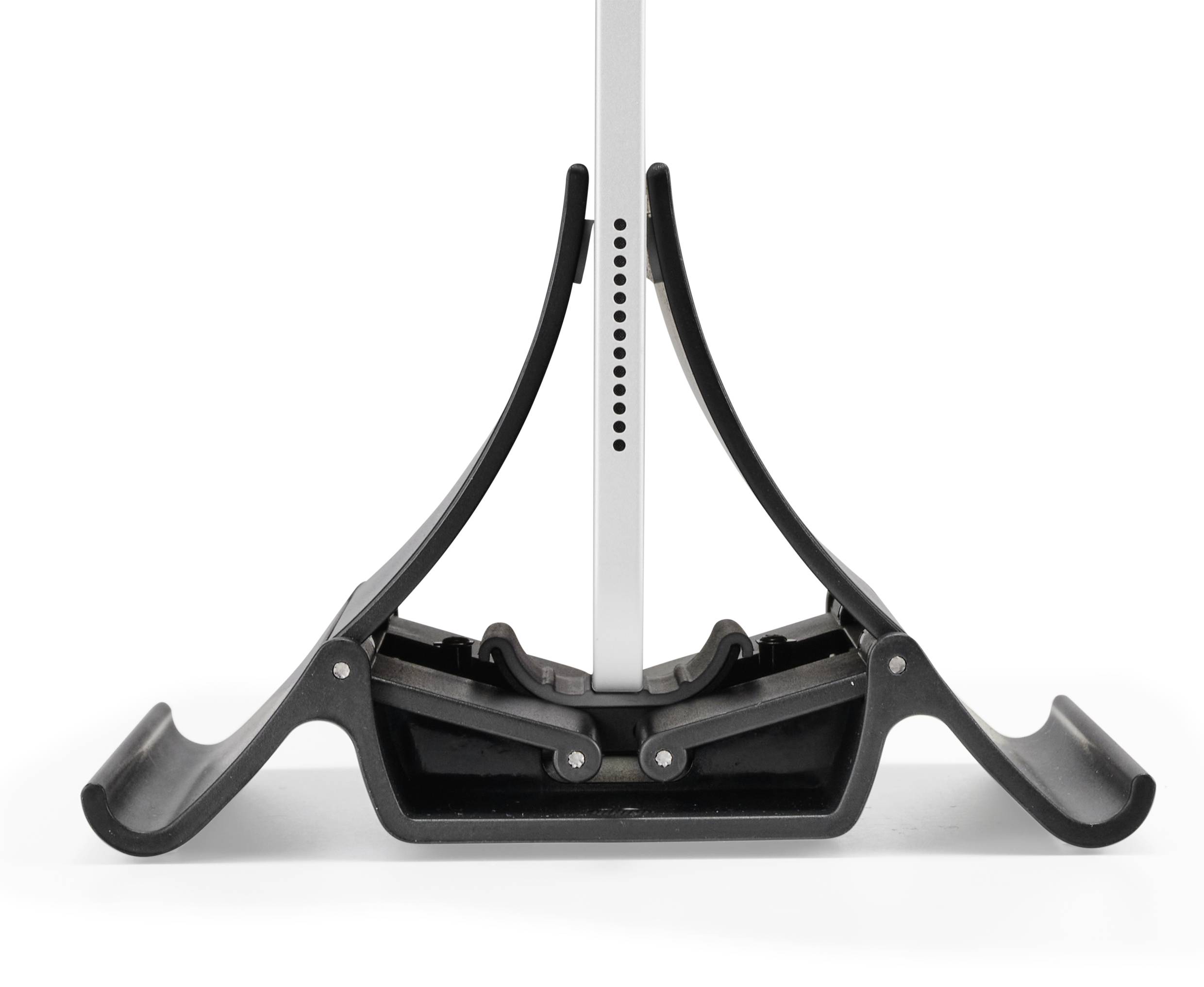 A black, three-part plastic holder supports a vertical, clear rod.