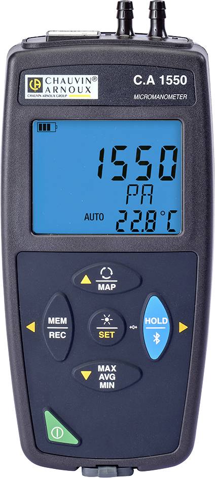 Digital micromanometer with blue screen showing '1550 PA' and '22.8°C'. Buttons for settings and navigation underneath.