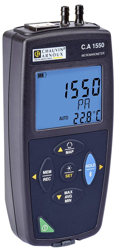 A digital micromanometer with a large, blue display, showing '1550 Pa' and '22.8°C'. Control buttons are positioned underneath.