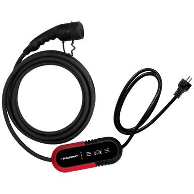 'Blaupunkt' charging cable for electric vehicles with plug and indicator display on a black cable reel.