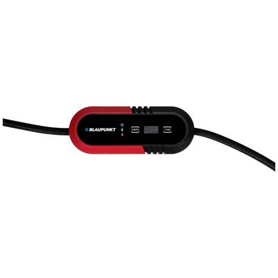 Portable charger by Blaupunkt with LED status indicators, featuring a red and black casing and two cable connections.