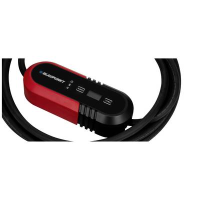 A charger with a black and red casing, a display and buttons for settings. Text 'BLAUPUNKT' and cable visible.