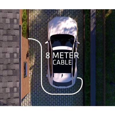 Car in a narrow driveway with charging cable indication '8 metre cable'.