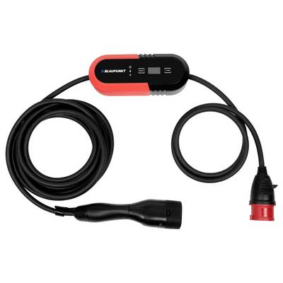Electric charging cable with control box, two plugs and brand logo. Suitable for charging electric vehicles.