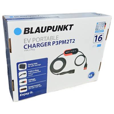 Blaupunkt EV Charging Unit P3PM2T2, Type-2 Plug, 16 Amperes, Portable with Carry Bag, Voltage 380-450V, Blaupunkt Logo.