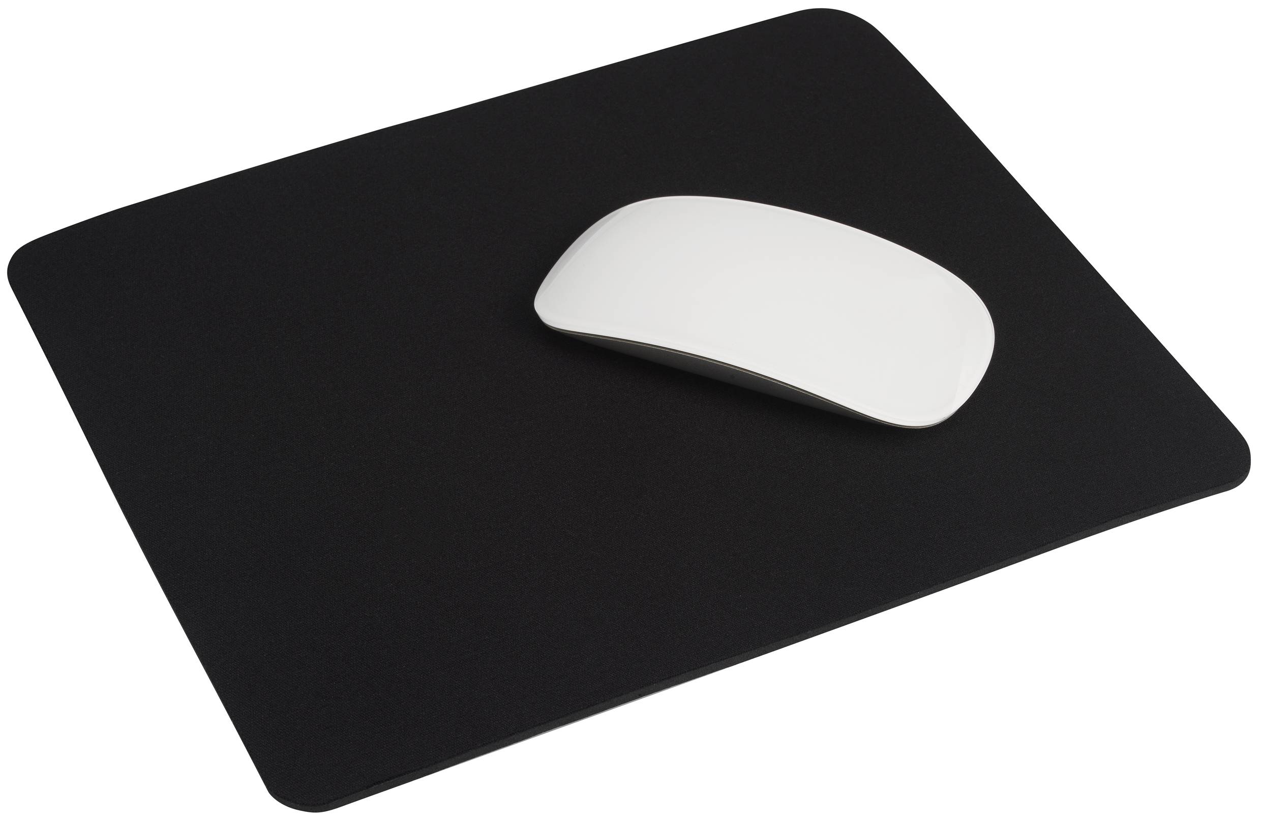 White computer mouse on a black mousemat.