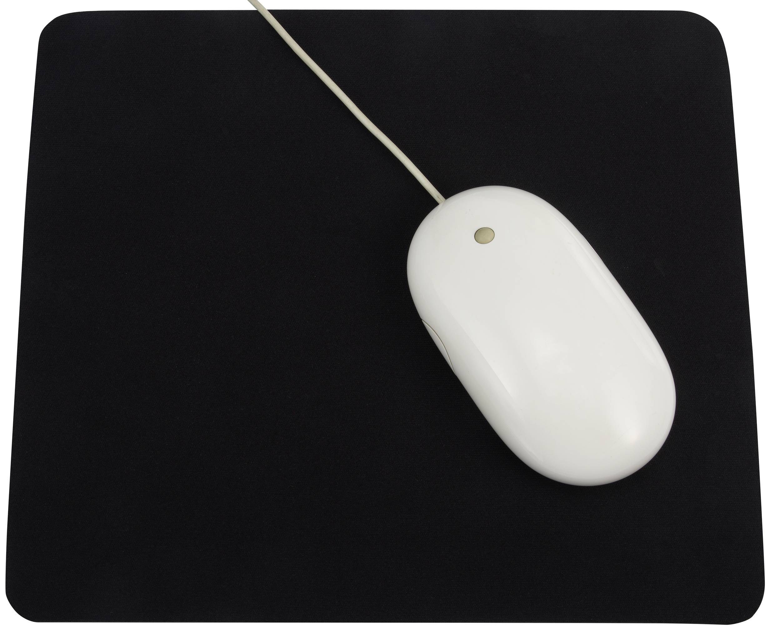 A white computer mouse is lying on a black mousemat.