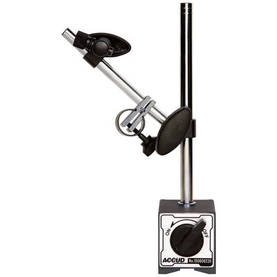 Magnetic holder for dial gauges with adjustable arm and on/off switch. Suitable for attachment to metallic surfaces.