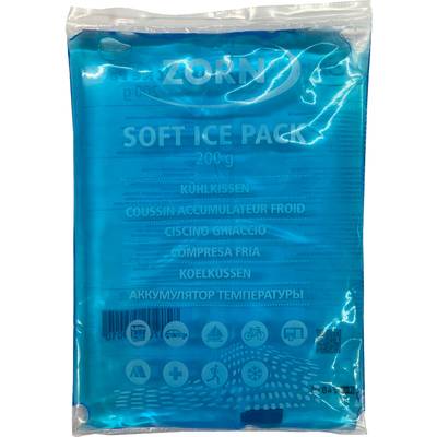 A blue soft ice pack weighing 200 g. Text on the packaging in various languages: 'Cooling Pad' etc. Suitable for cooling purposes.