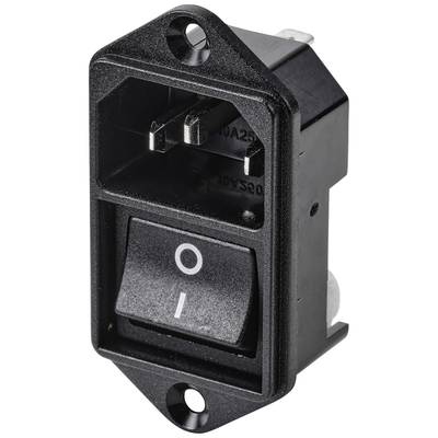 Black, rectangular network switch with on/off labelling. Plug contacts are visible above. Suitable for electrical devices.