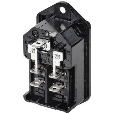 A black, rectangular electrical component with three metal terminals and markings. Suitable for 250V, 15A current rating.