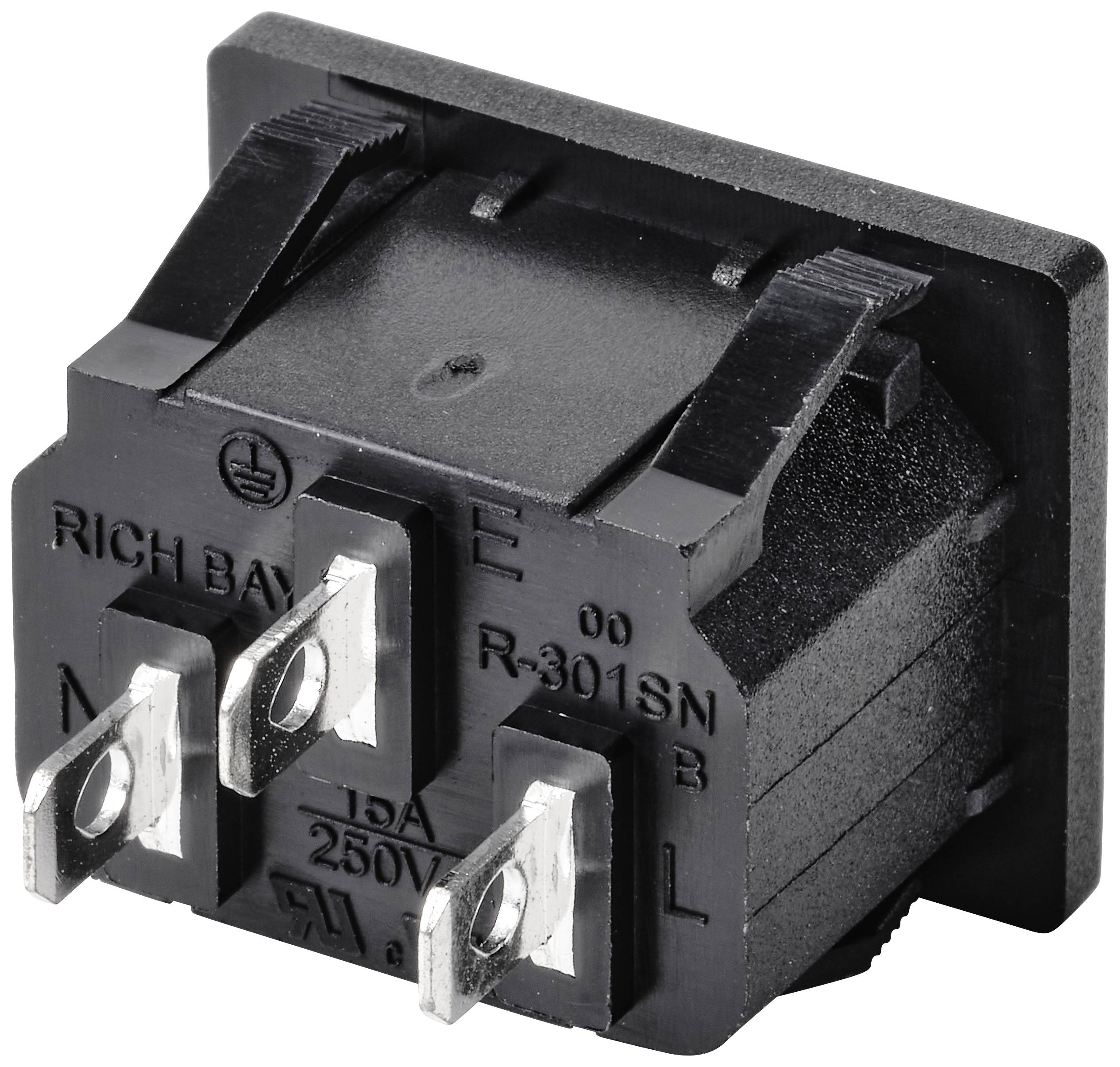 Black rocker switch with four metallic terminals and embossed text 'RICH BAY 0 R-301SN', '15A 250V', 'M E L L'.