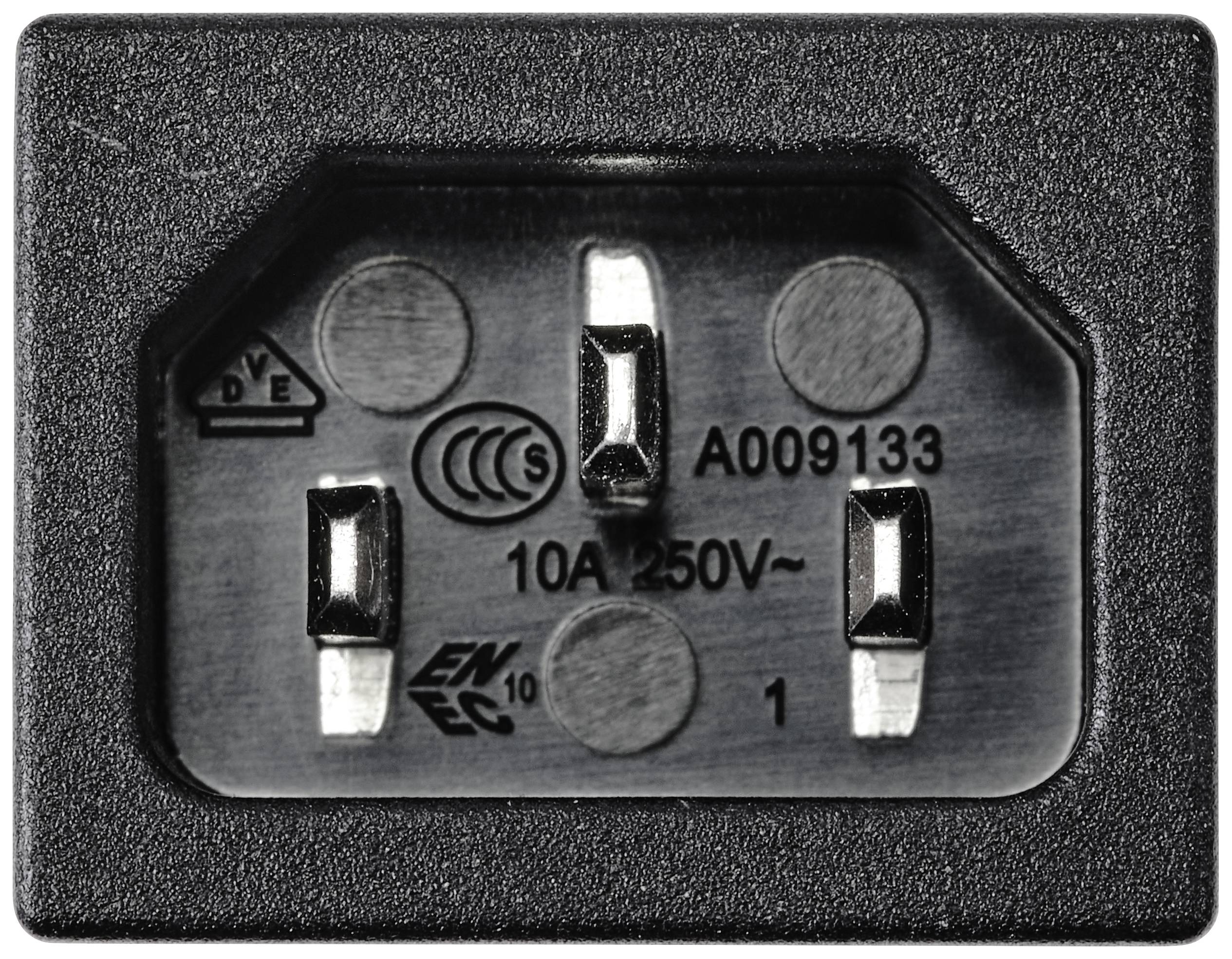 'Black IEC C14 plug with three pins, suitable for 10A and 250V. Test mark and model number: A009133. Suitable for equipment connection.'