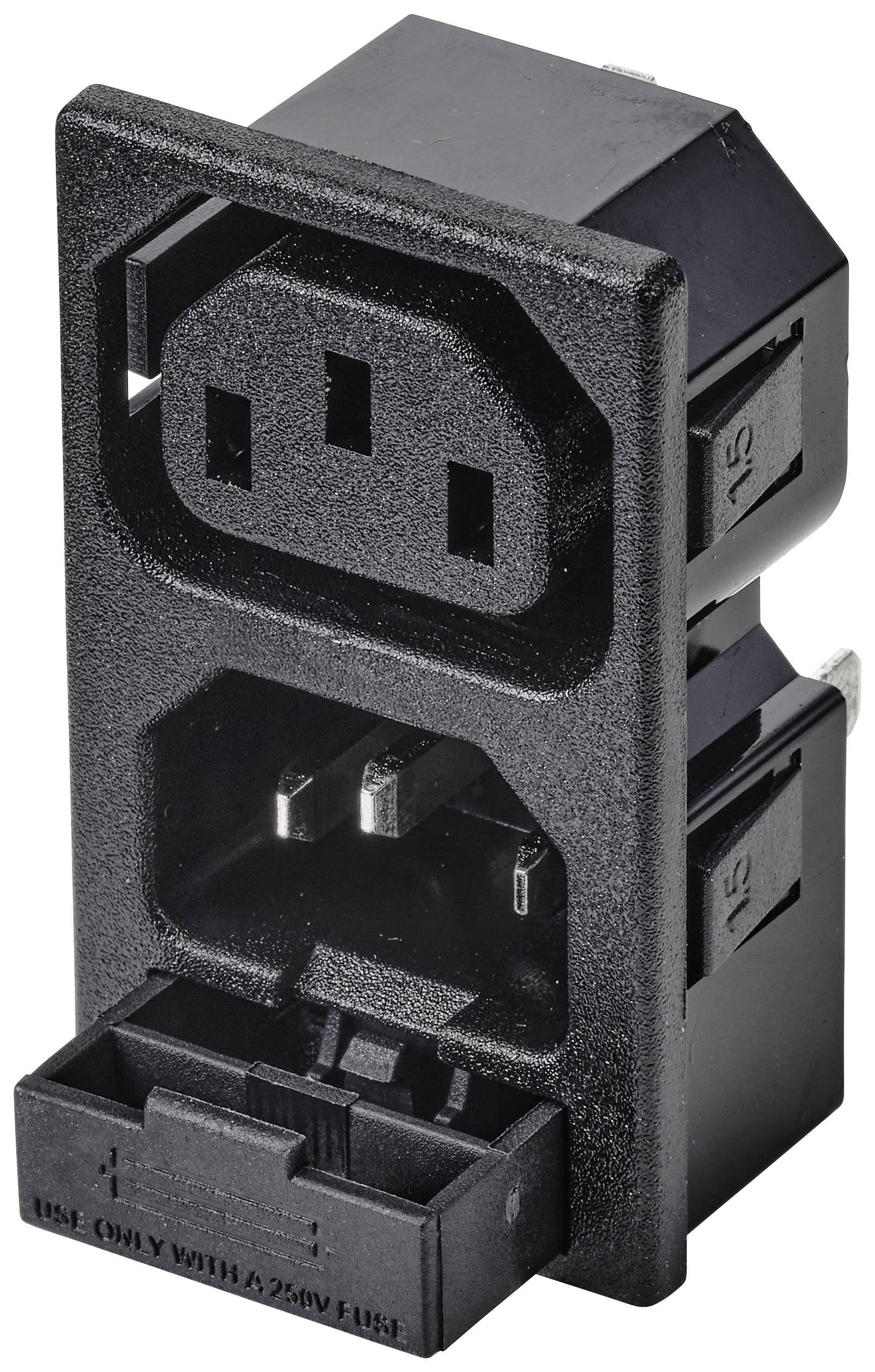 Electrical socket for devices: A black power socket with earth connection and plastic casing.