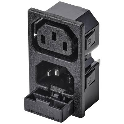 Electrical socket for devices: A black power socket with earth connection and plastic casing.