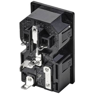 Black electric switch with visible metal contacts and markings.