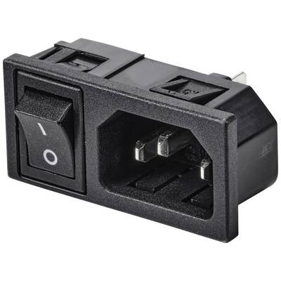 Black network switch with integrated IEC C14 plug, commonly used in electronic devices for switching on and off.