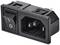 Black network switch with integrated IEC C14 plug, commonly used in electronic devices for switching on and off.