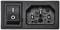 Network switch with EU power connection. On the left: On/Off switch with symbols 'I' and 'O'. On the right: Three-pole socket for IEC cable.