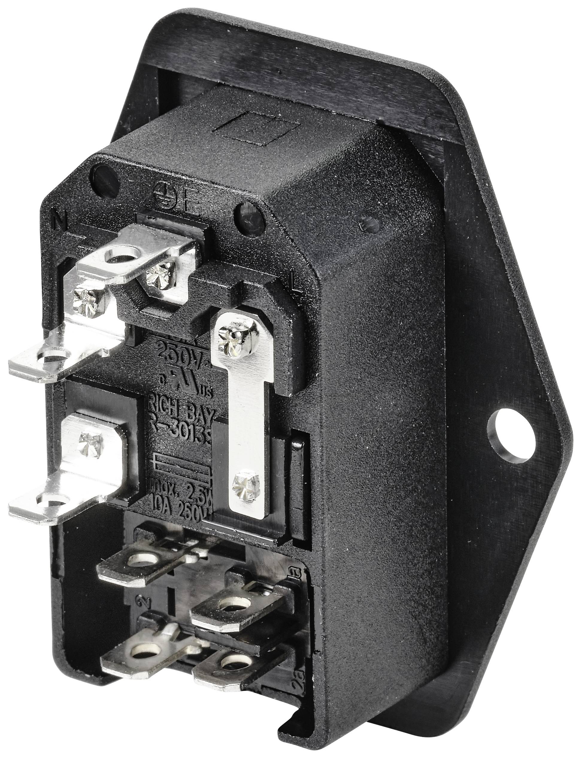 Black IEC cold appliance plug with screw terminals, suitable for connecting devices to power sources.
