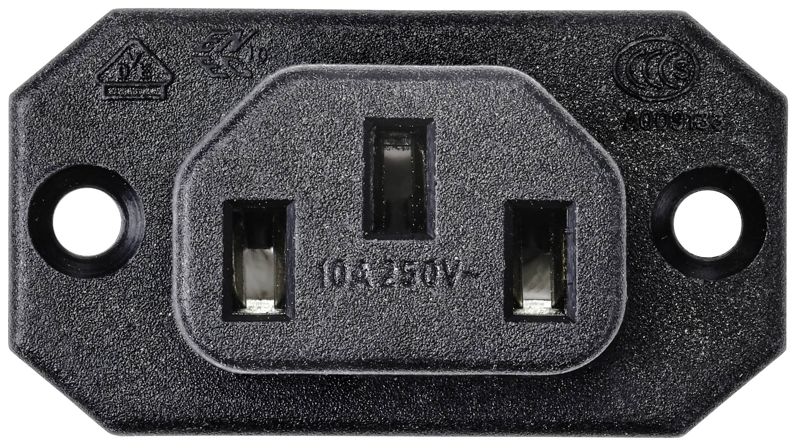 'Black socket, rectangular shape with two holes and a central earth point. Markings visible top left and right.'