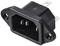 A black IEC power connector with two screw holes at the top and bottom, suitable for electrical connection in electronic devices.
