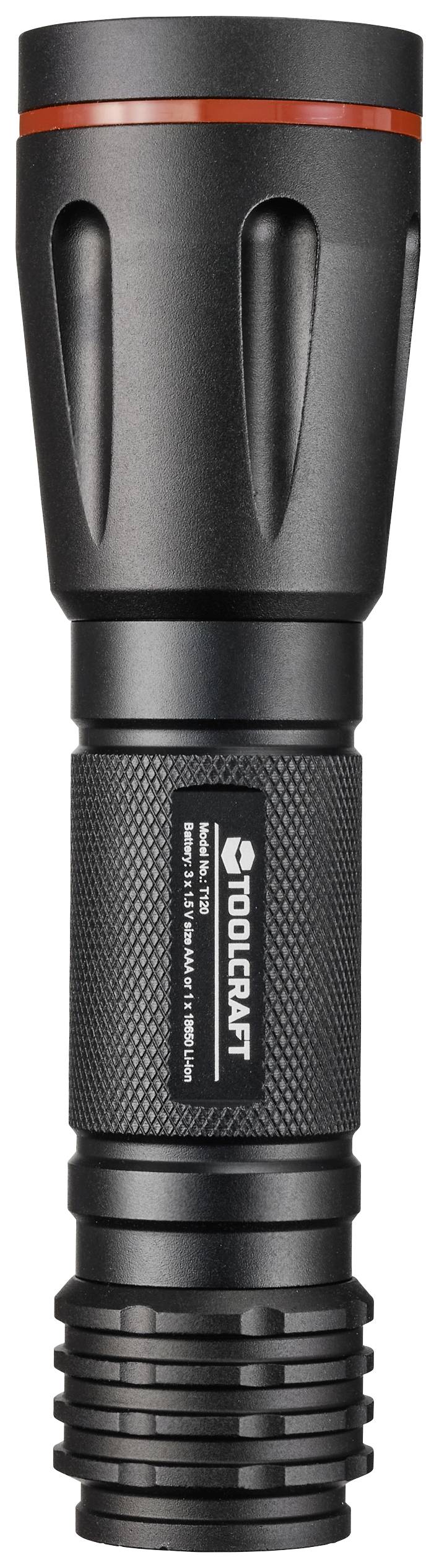 Black metal torch with a red ring near the head. Non-slip grip and textured grip area.