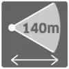 Symbol for radial range of 140 metres. Arrow indicates the width of the covered area.<br><br>Note: This translation is already very close to British English, with minor adjustments like using "metres" instead of "meters".