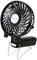 Portable desktop fan in black with a silver logo in the centre. The fan has a removable battery and a stand base.
